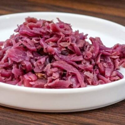 a plate with sweet and sour purple cabbage