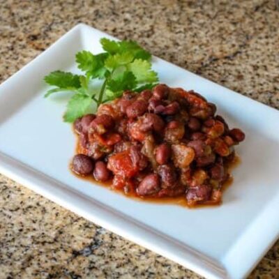 tex mex black beans and tomatoes on a plate with cilantro leaves