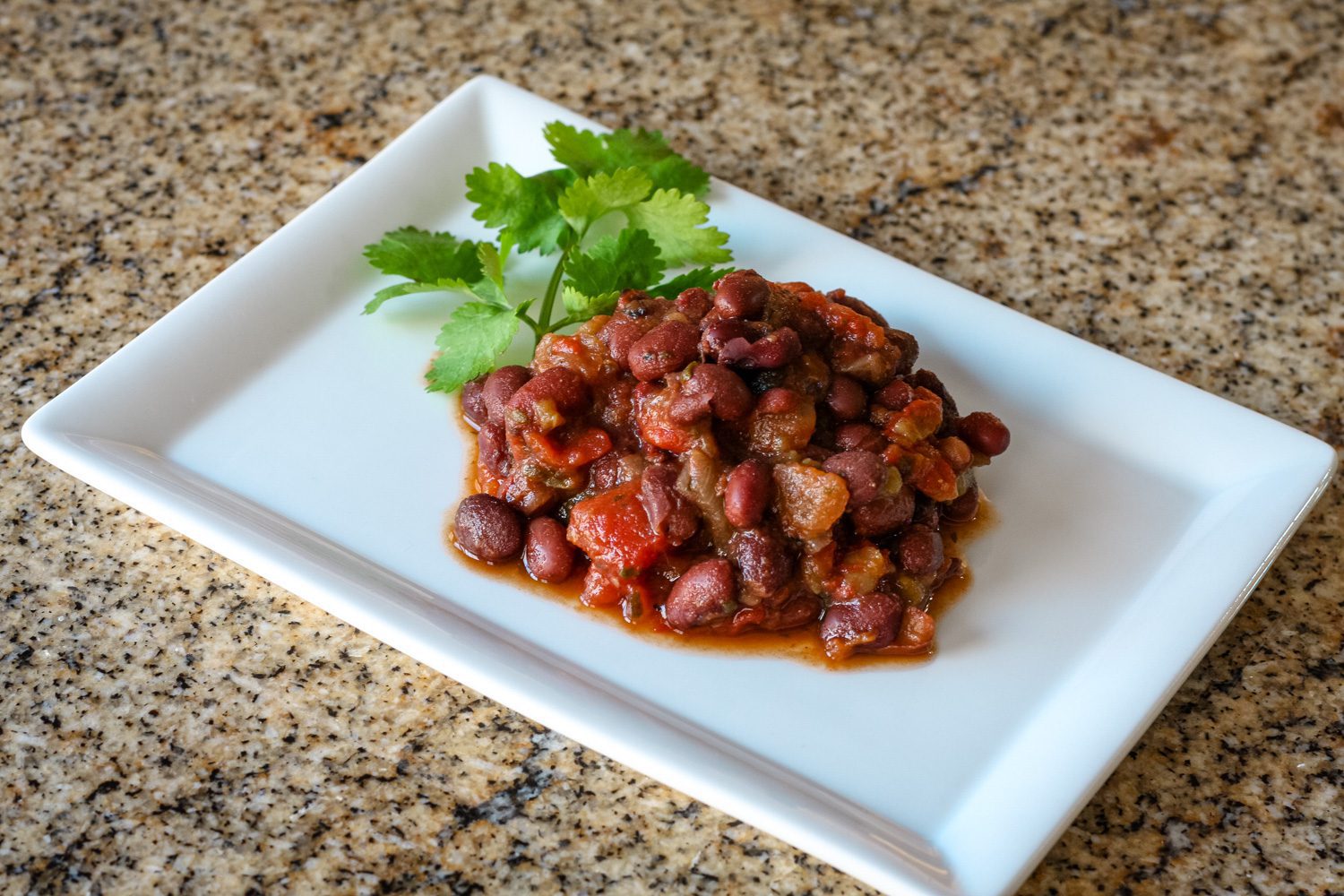 tex mex black beans and tomatoes on a plate with cilantro leaves