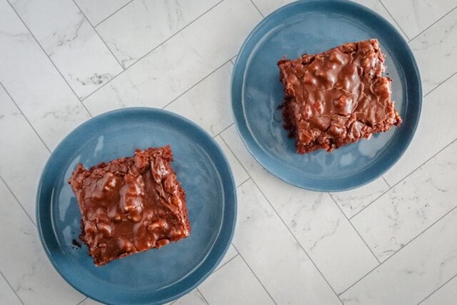 Slices of Texas sheet cake.