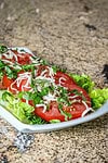 Fresh tomato, lettuce, and cheese salad on a white plate.