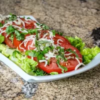 Fresh tomato and shredded cheese salad on a white plate.
