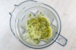 Blending the cabbage and green onions for colcannon.