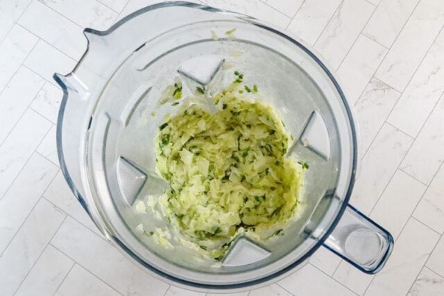Blending the cabbage and green onions for colcannon.