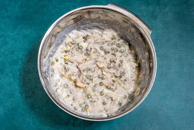 Tuna casserole filling in a bowl.