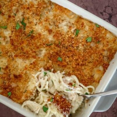 tuna tetrazzini in the baking dish