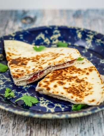 leftover turkey quesadilla with cranberry sauce and brie