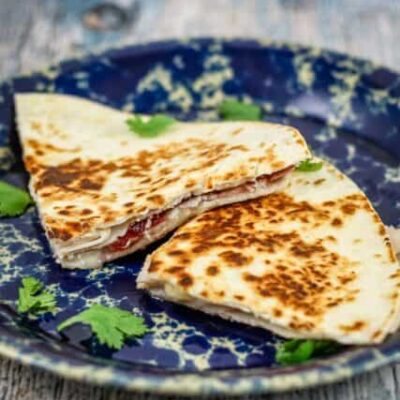 leftover turkey quesadilla with cranberry sauce and brie
