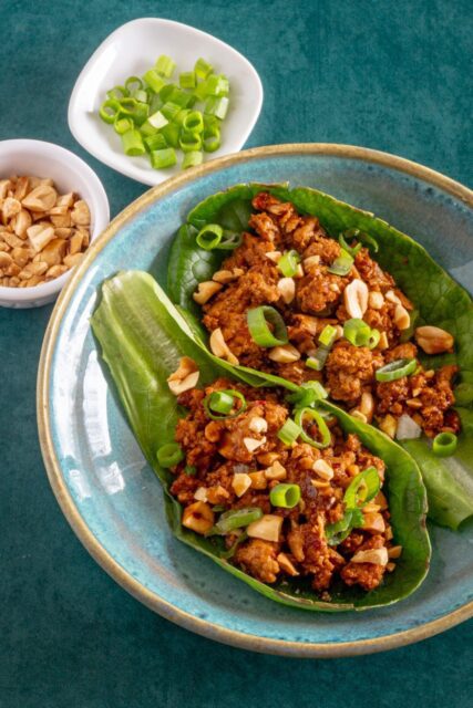 turkey lettuce wraps with green onions and peanuts