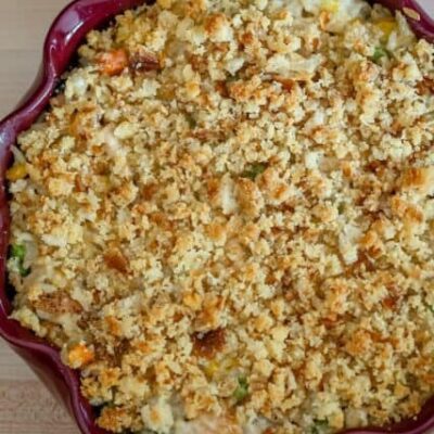 turkey and rice casserole in a baking dish