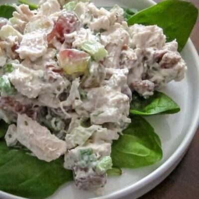curry turkey salad with grapes on lettuce leaves