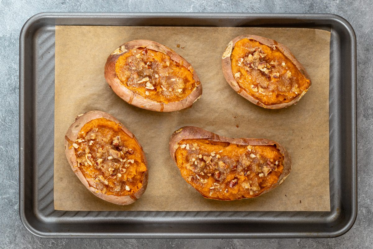 filled baked sweet potatoes with pecan topping