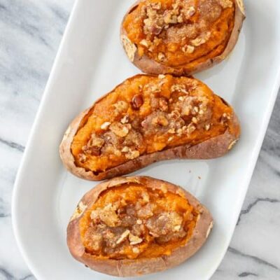 twice baked sweet potatoes on serving tray