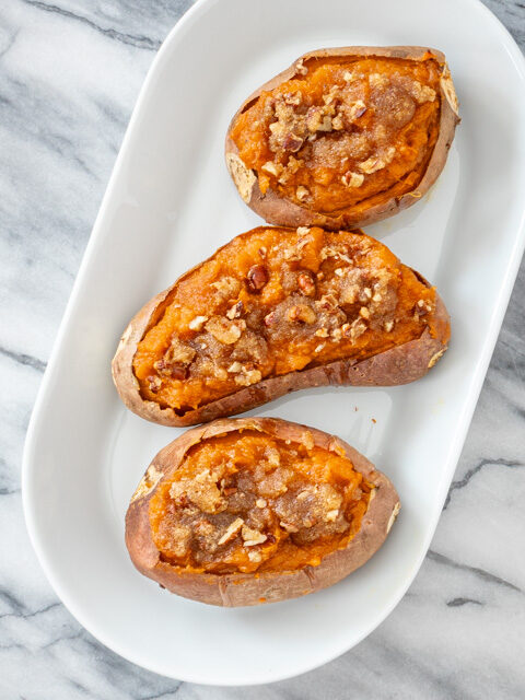 twice baked sweet potatoes on serving tray