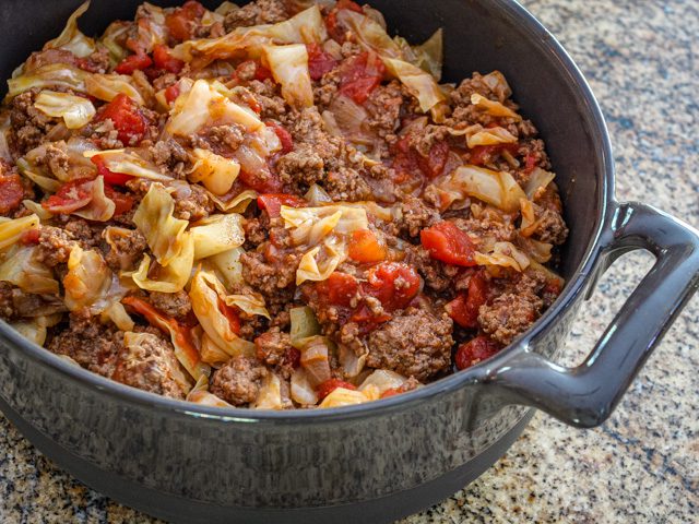 unstuffed cabbage skillet in serving dish